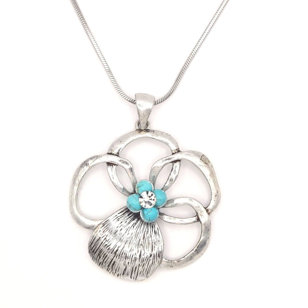Silver Tone Flower Pendant Necklace Turquoise Rhinestone Accent Snake Chain